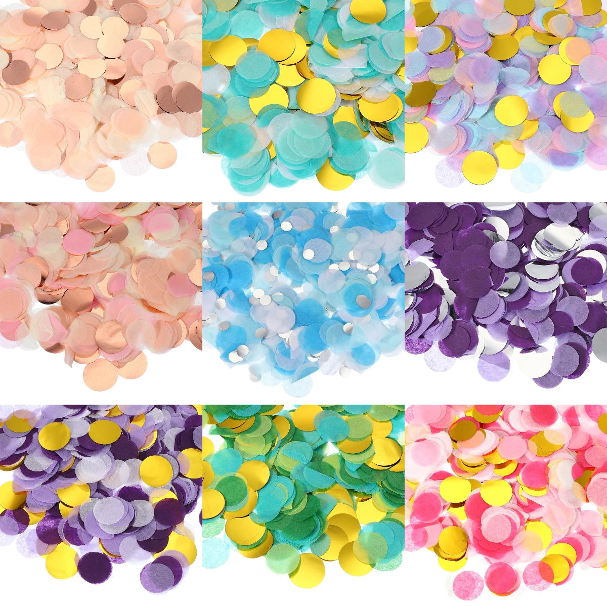 A collection of round tissue paper confetti dots in various pastel and vibrant colors like pink, yellow, blue, purple, and gr