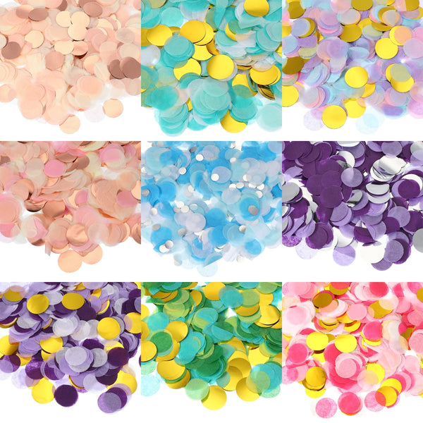 A collection of round tissue paper confetti dots in various pastel and vibrant colors like pink, yellow, blue, purple, and gr