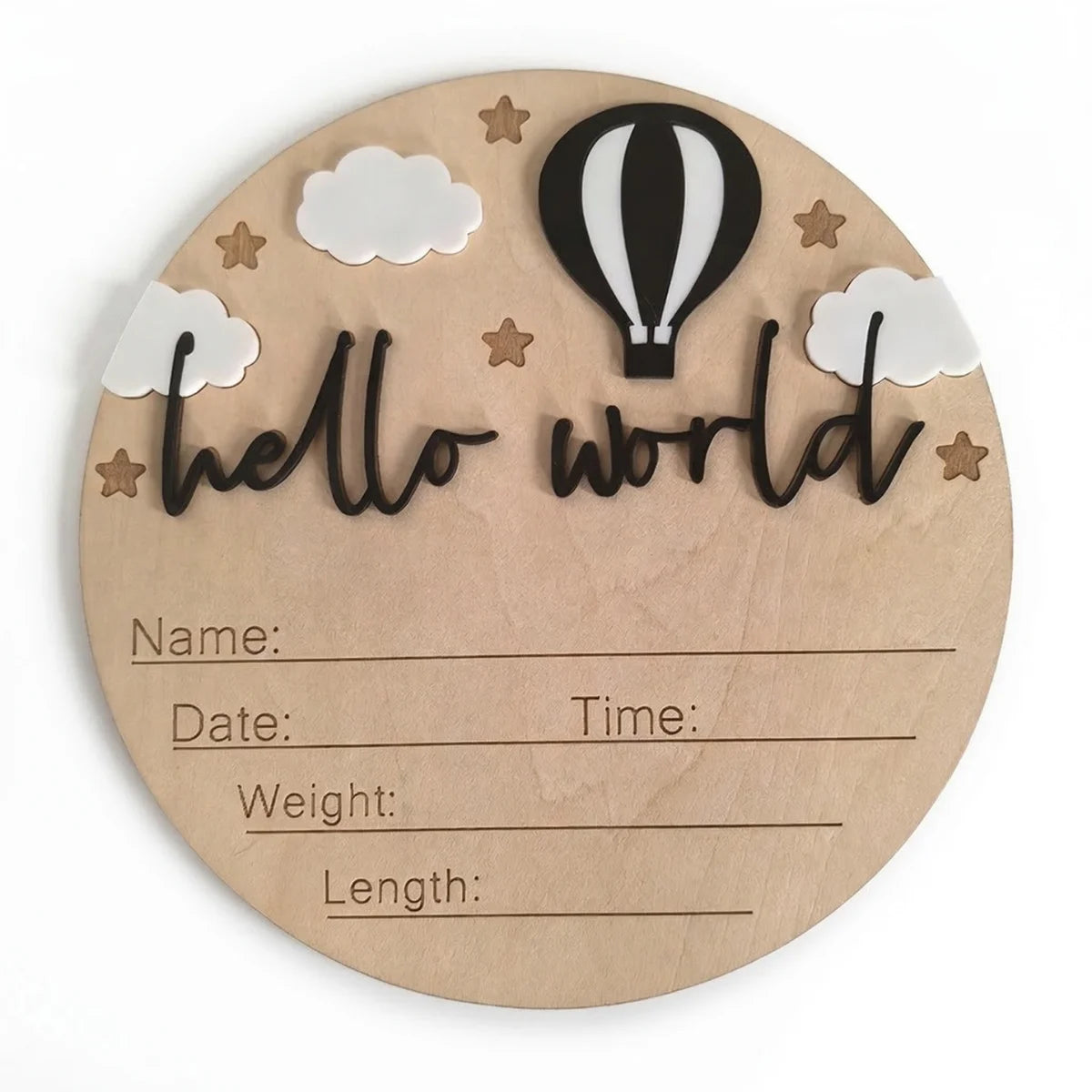 A natural wood birth announcement plaque with the words hello world written in black script surrounded by stars and clouds.