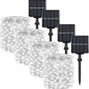A set of solar powered fairy lights with eight modes for outdoor garden décor, featuring multiple light bulbs.