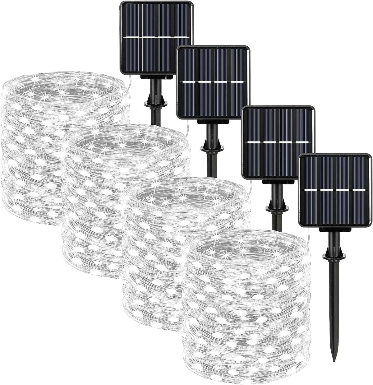 A set of solar powered fairy lights with eight modes for outdoor garden décor, featuring multiple light bulbs.