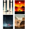 A collage of three vertical art pieces featuring dramatic, dark, and fiery scenes inspired by the Mandalorian universe.