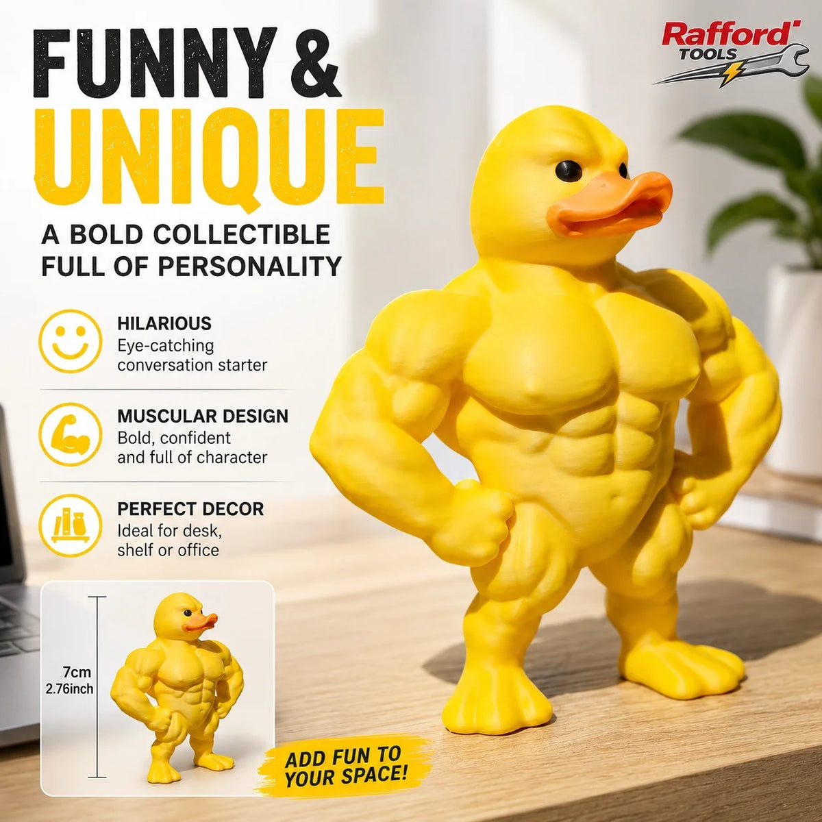 A yellow muscular duck figurine used as a funny and unique desk decor item.
