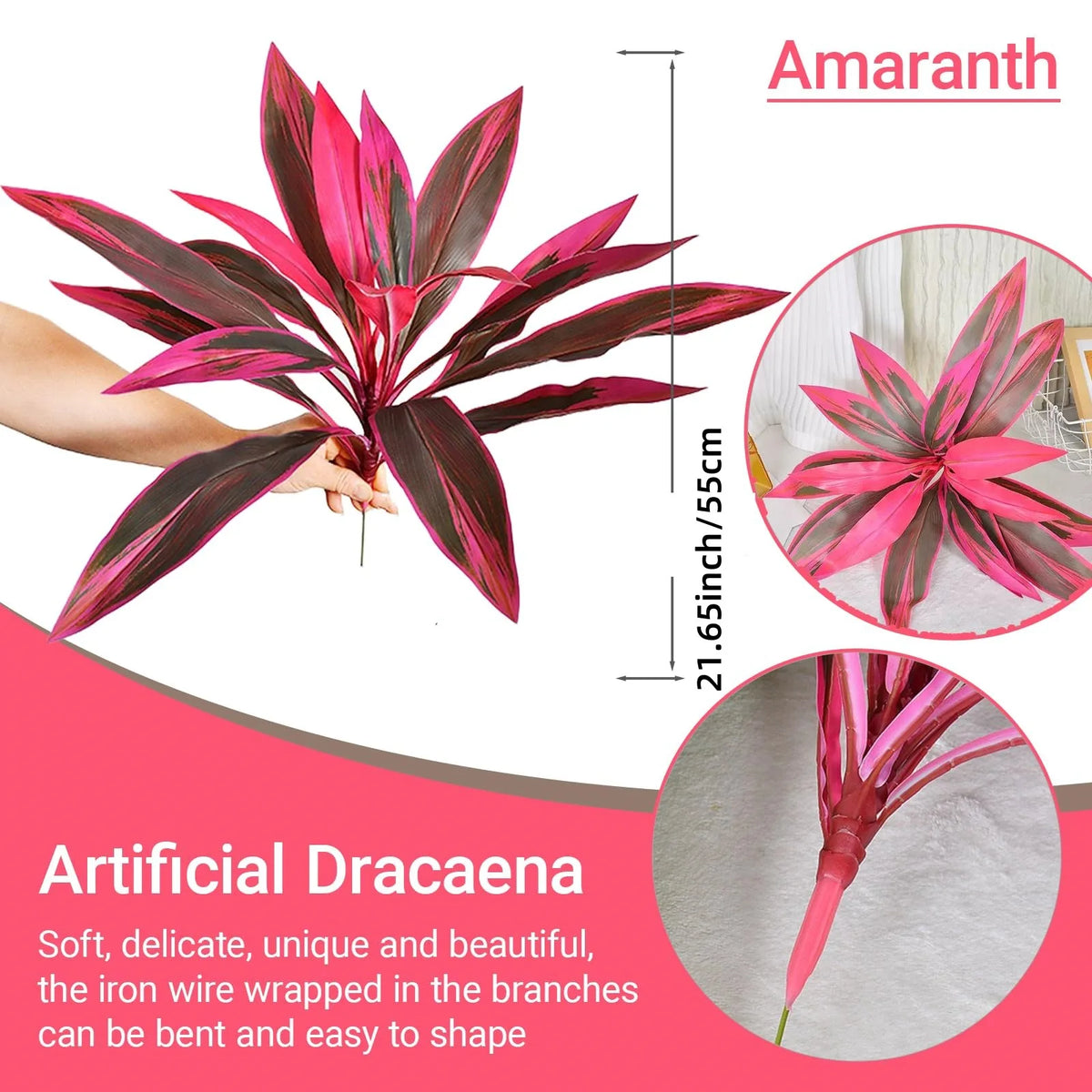 Planta artificial Dracaena magenta vibrante con hojas anchas en primer plano.