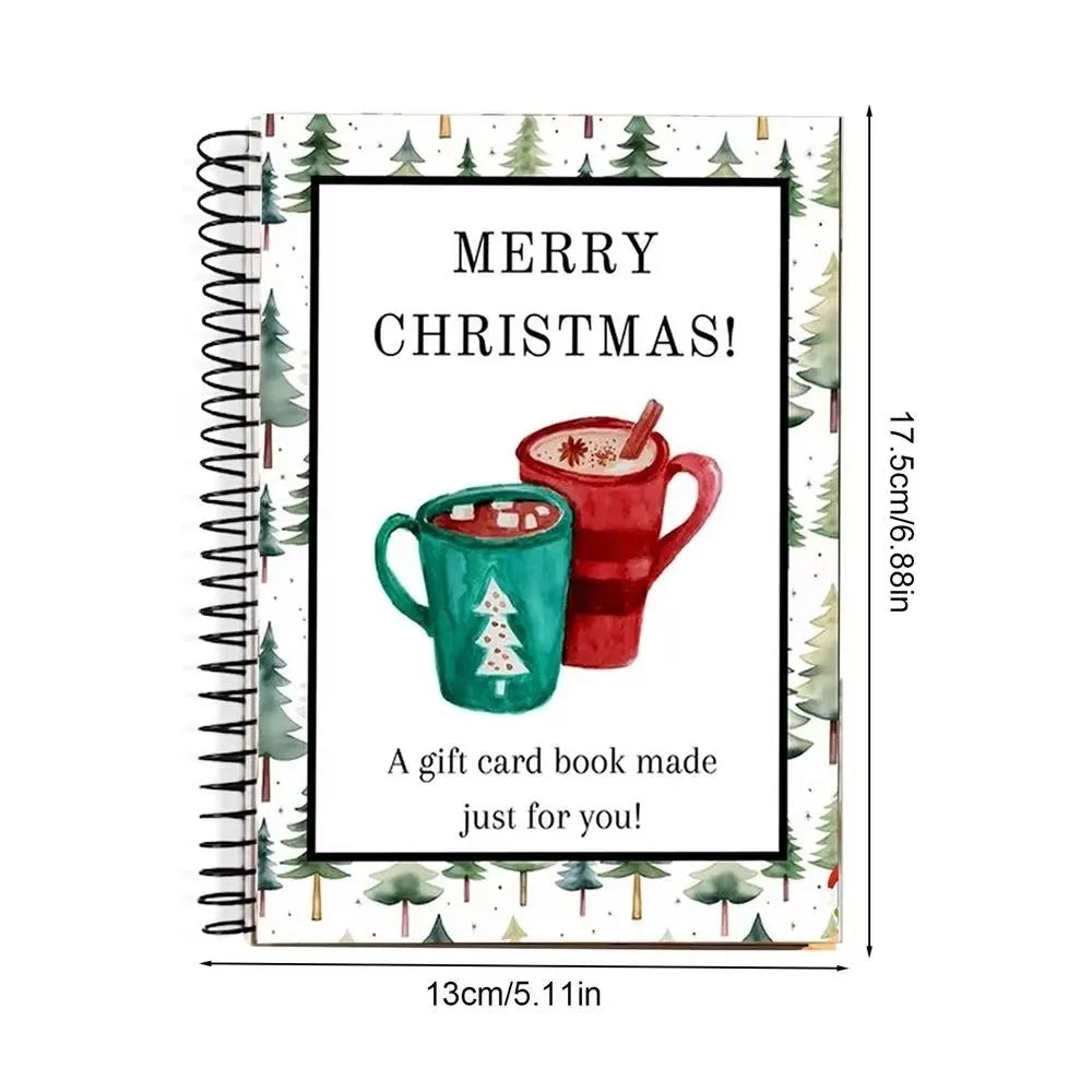 A spiral-bound book featuring a festive Christmas card with a red mug and holiday greeting