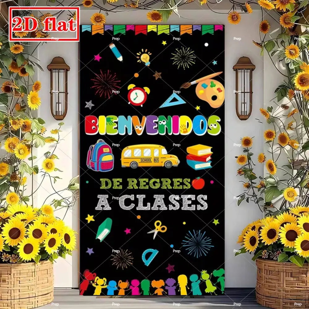 A black classroom door banner decorated with colorful stars, flowers, and the Spanish phrase Bienvenidos de Regreso a Clases.