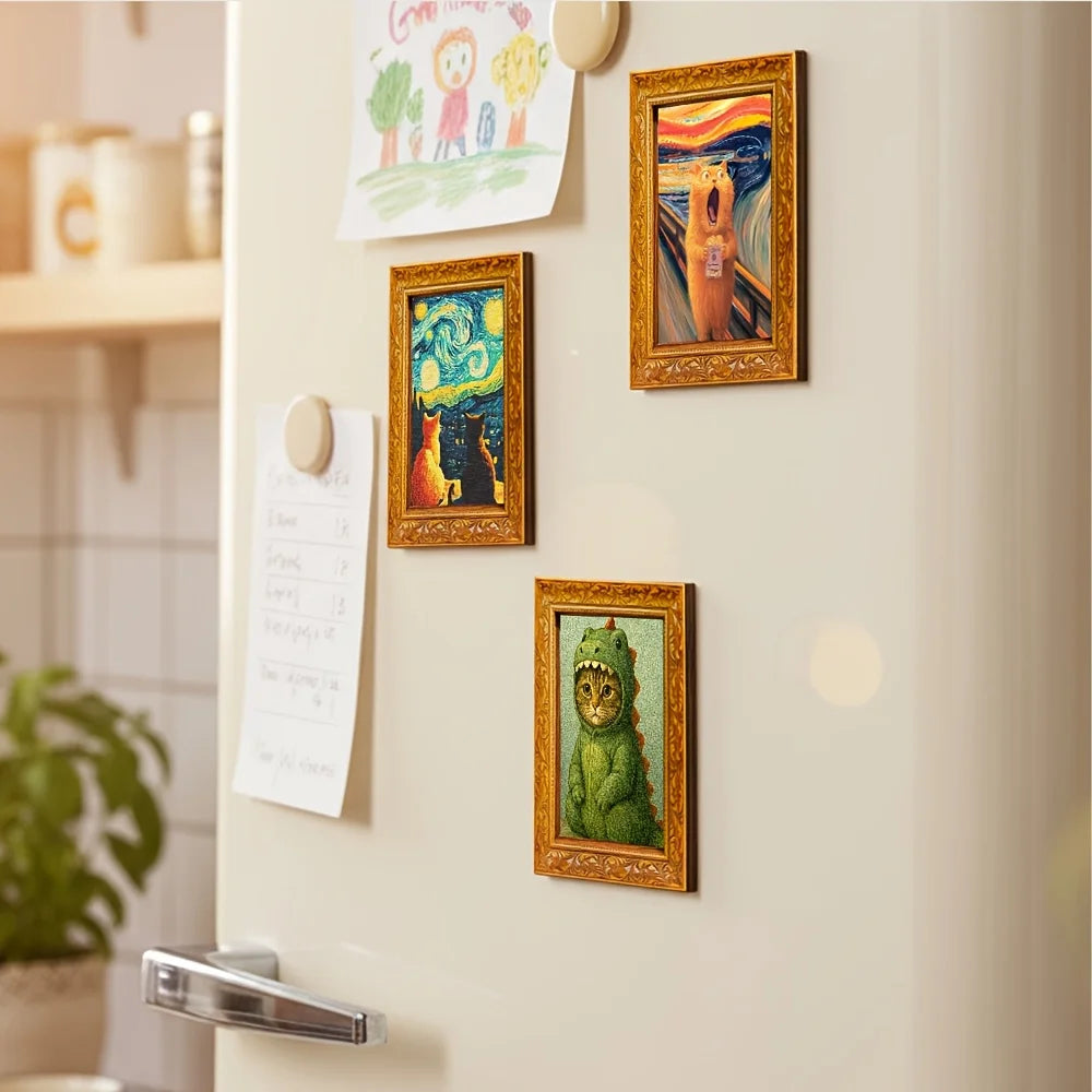 A collection of framed fridge magnets featuring Van Gogh's starry sky and cat paintings on a light-colored wall.