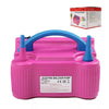 A pink electric balloon pump with a blue handle and nozzle is shown on a white background.