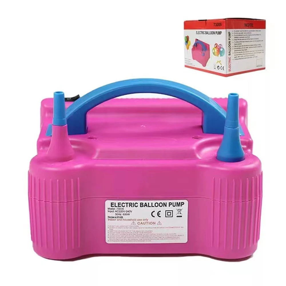 A pink electric balloon pump with a blue handle and nozzle is shown on a white background.