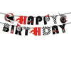 A banner decoration set featuring letters and words like HAPPY BIRTHDAY made from racing car themed cutouts.