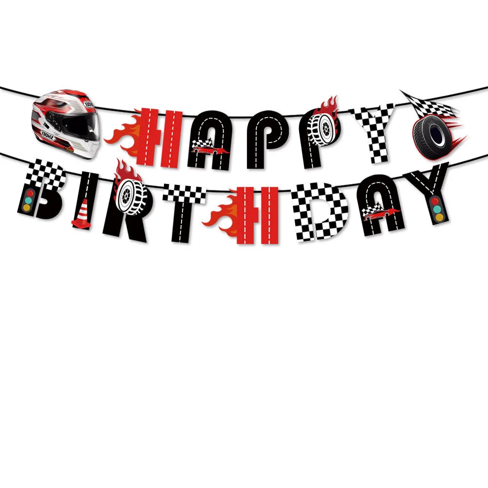 A banner decoration set featuring letters and words like HAPPY BIRTHDAY made from racing car themed cutouts.