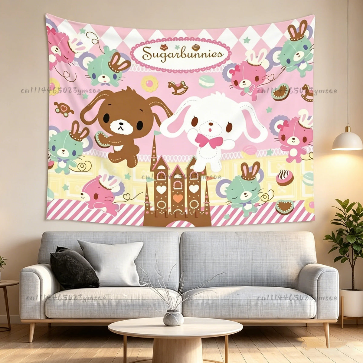 A pink cartoon animal tapestry featuring cute, sweet characters for bedroom decor.