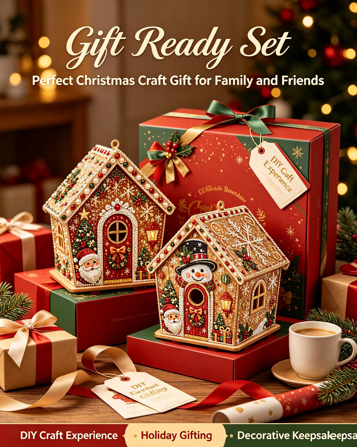 Gift ready set featuring a detailed gingerbread house craft kit with diamond painting elements and holiday decor