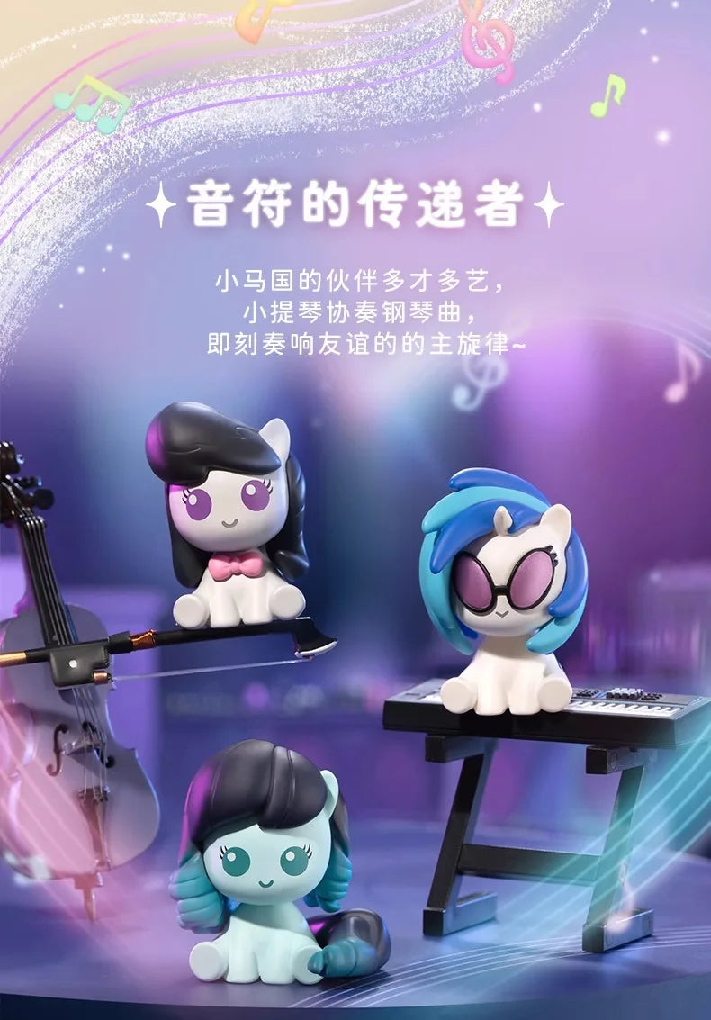 A collection of My Little Pony Magic Bottle collectible figurines featuring various pony characters in purple, blue, and whit