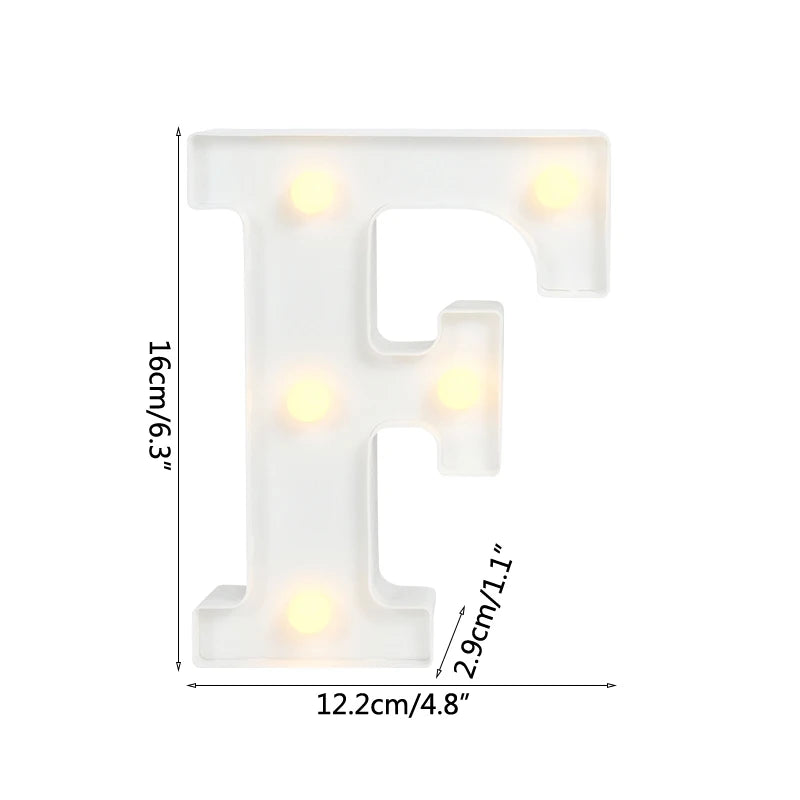 A white alphabet letter F light fixture with warm white LED illumination.