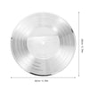 Round silver vinyl record wall clock with a clear glass face and mounting holes.