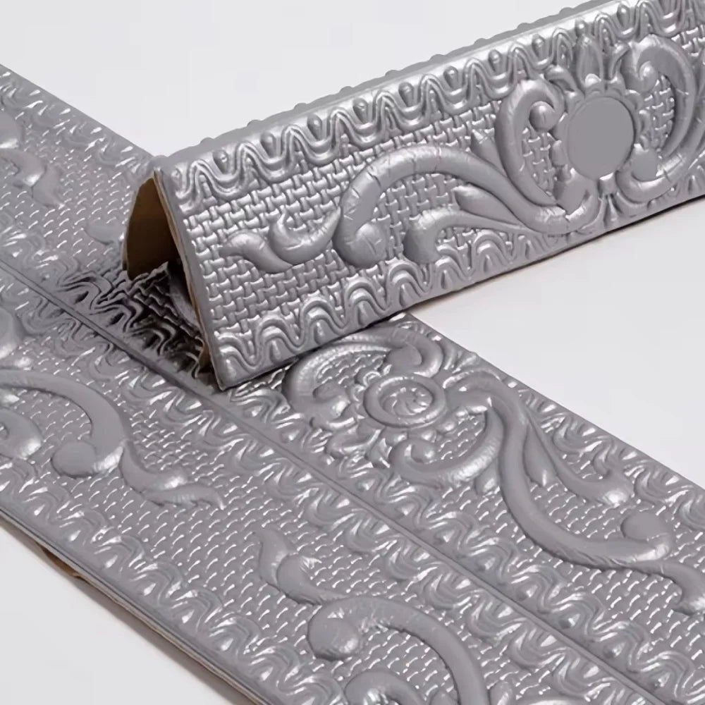 Silver self-adhesive PVC corner trim with a 3D textured edge shown in close-up.