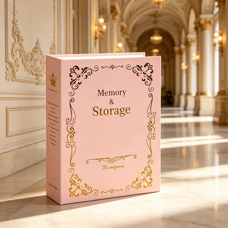 A pink box labeled Memory & Storage with gold foil detailing, displayed on a polished marble surface.