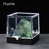 A clear glass box displays a green fluorite crystal specimen on a black surface.