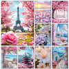 A collage of various scenes featuring pink cherry blossoms, the Eiffel Tower, roses, Japanese architecture, and scenic landsc