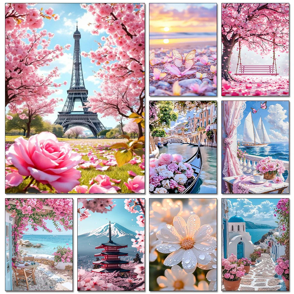 A collage of various scenes featuring pink cherry blossoms, the Eiffel Tower, roses, Japanese architecture, and scenic landsc