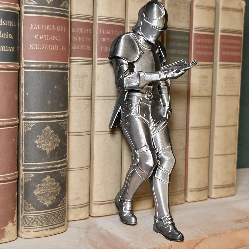 تمثال فارس مدرع فضي يقف أمام صف من الكتب القديمة.