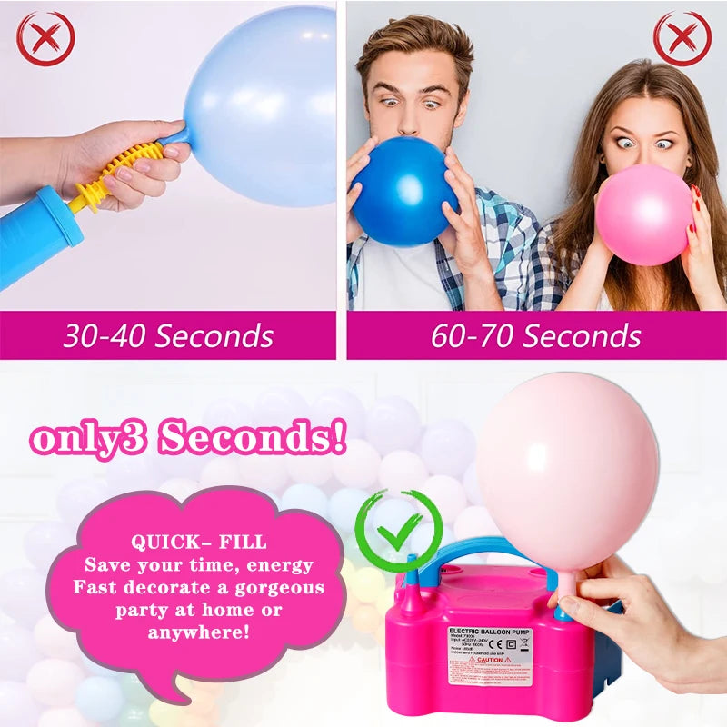 A pink balloon is being inflated by a handheld electric balloon air pump with dual nozzles.