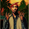 A portrait of Tupac Shakur wearing a red bandana and a light-colored shirt against an orange sunset background.