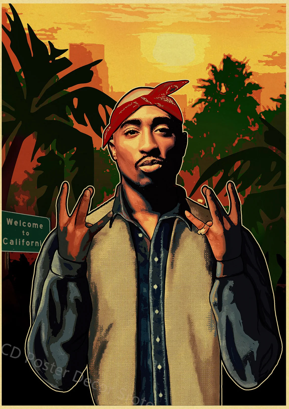 A portrait of Tupac Shakur wearing a red bandana and a light-colored shirt against an orange sunset background.