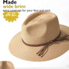 A beige straw sun hat with a wide brim and brown leather tie, showing extra coverage for the face and neck.