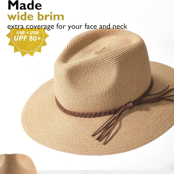 A beige straw sun hat with a wide brim and brown leather tie, showing extra coverage for the face and neck.