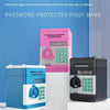 A pink electronic piggy bank with a lock and a blue digital piggy bank displayed on a white pedestal.