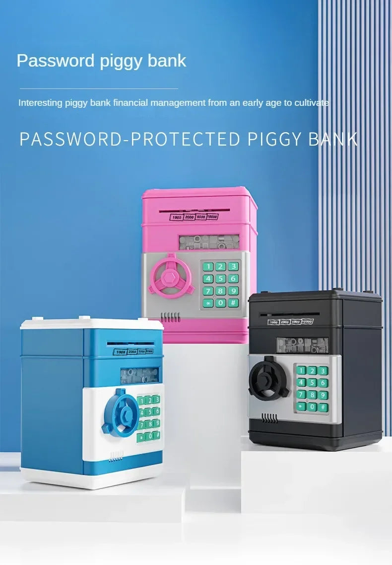 A pink electronic piggy bank with a lock and a blue digital piggy bank displayed on a white pedestal.