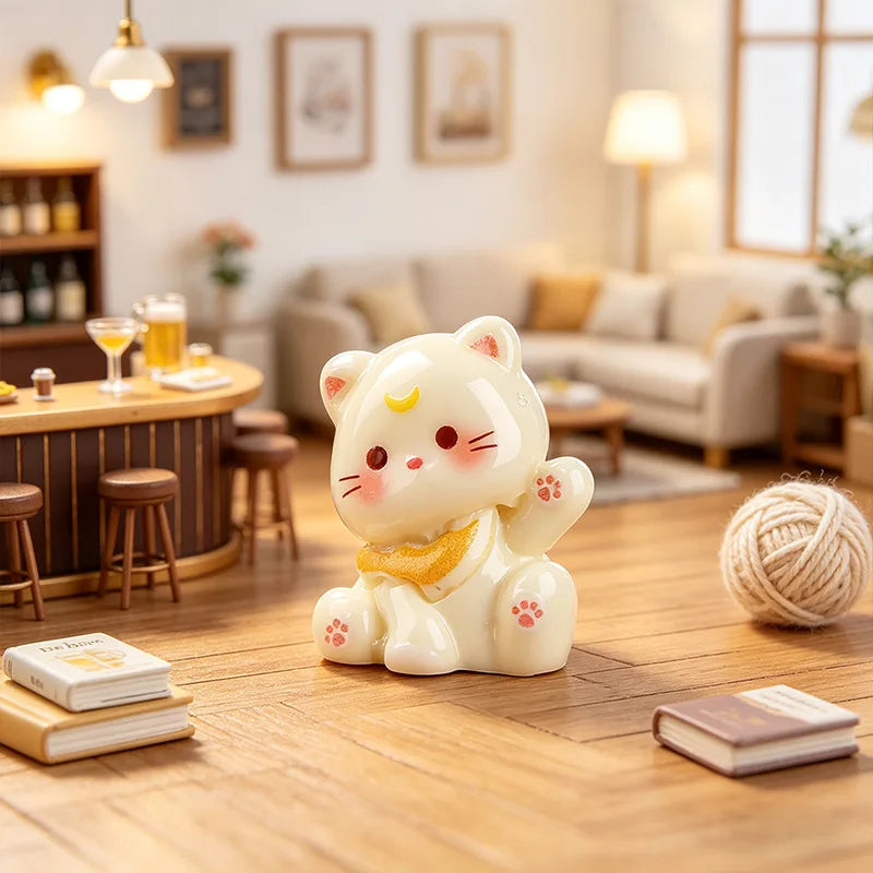 A cute white cat resin figurine sits on a wooden floor next to a stack of books.