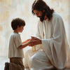 A painting depicting Jesus and a young boy sitting together, rendered in soft, light tones.