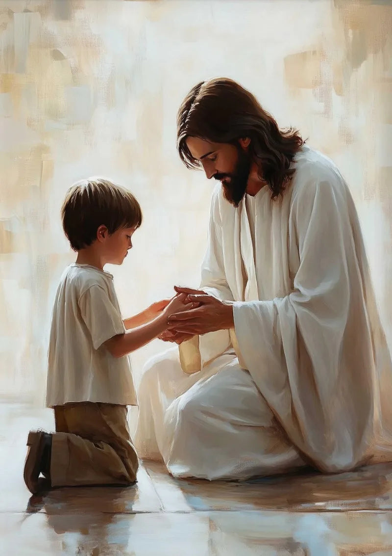 A painting depicting Jesus and a young boy sitting together, rendered in soft, light tones.