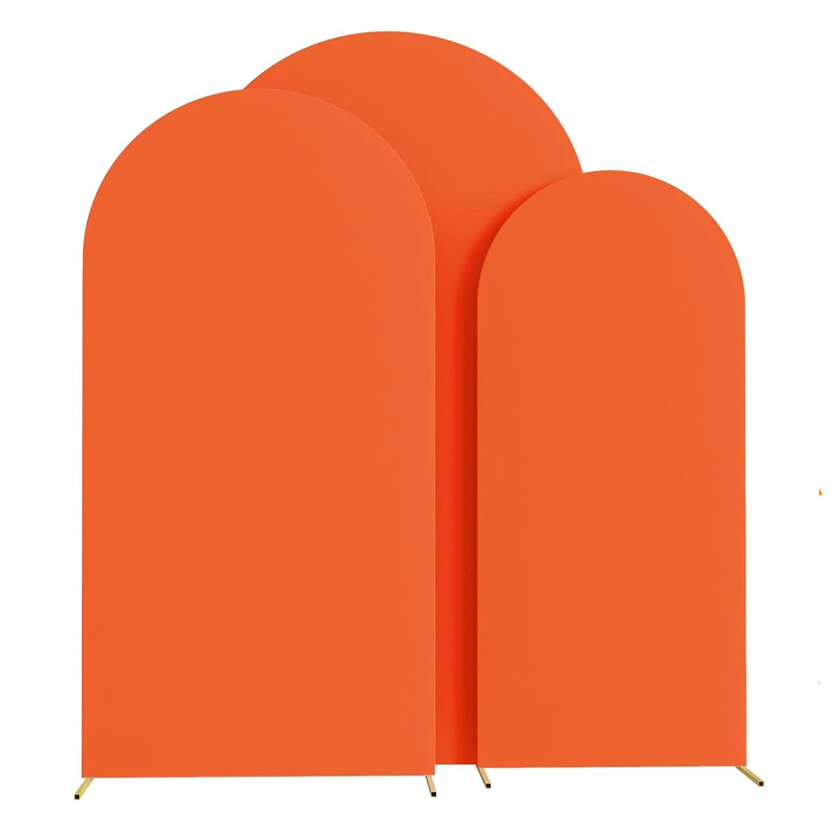 Three orange spandex fitted wedding arch covers standing upright.