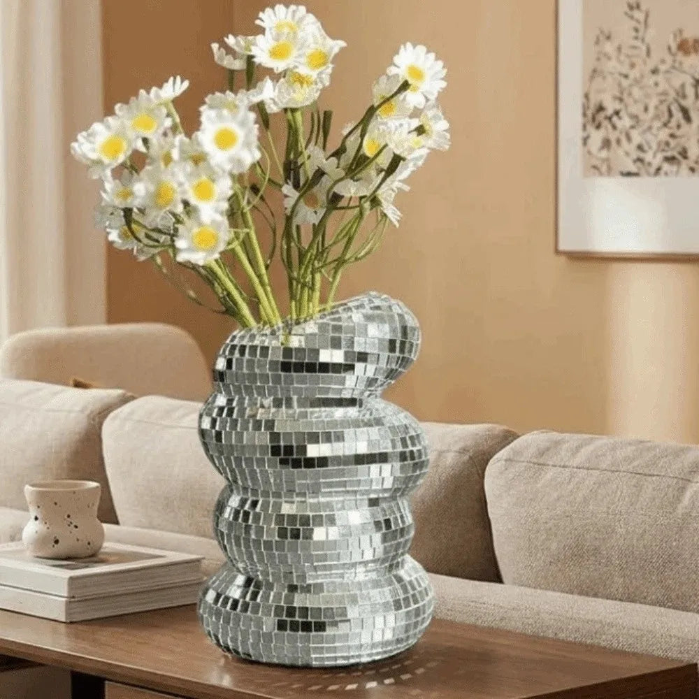 Silver mosaic disco ball spiral vase and pen holder with white daisies