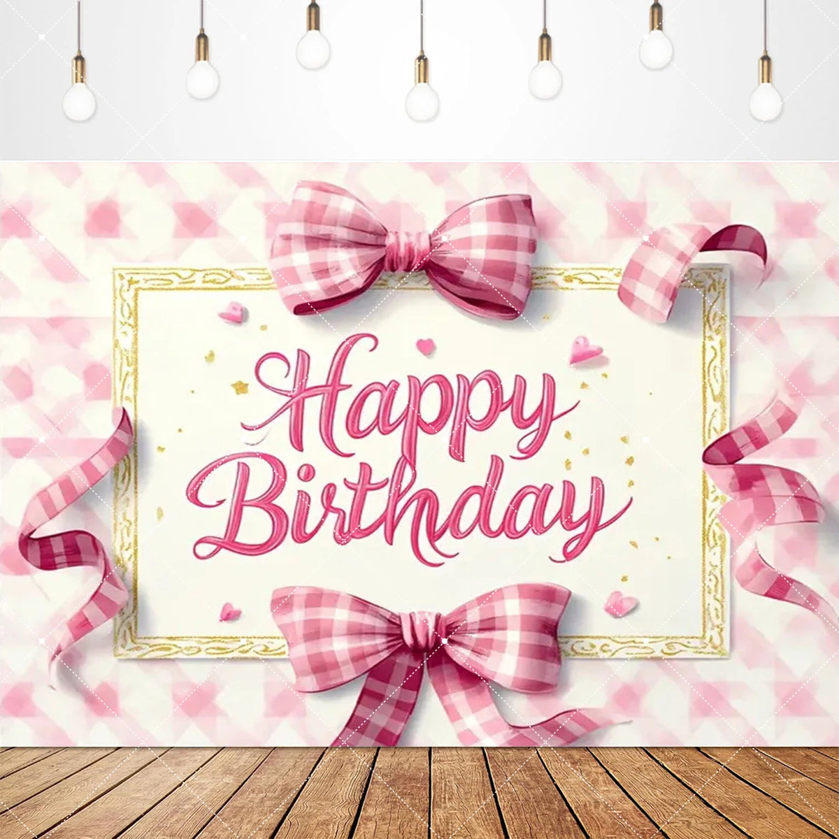A pink checkered bow tie birthday party backdrop banner featuring a gold frame and pink confetti.