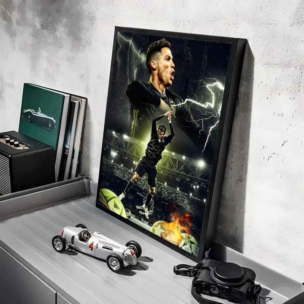 A framed canvas art poster featuring a dynamic image of Ronaldo in a football action pose.