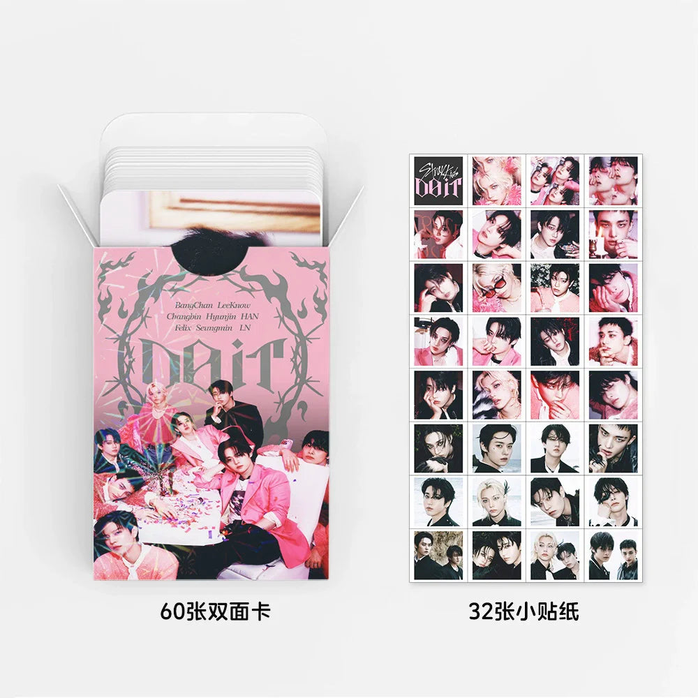 A set of 60 photo cards featuring Stray Kids members and bonus stickers in a cardboard sleeve.