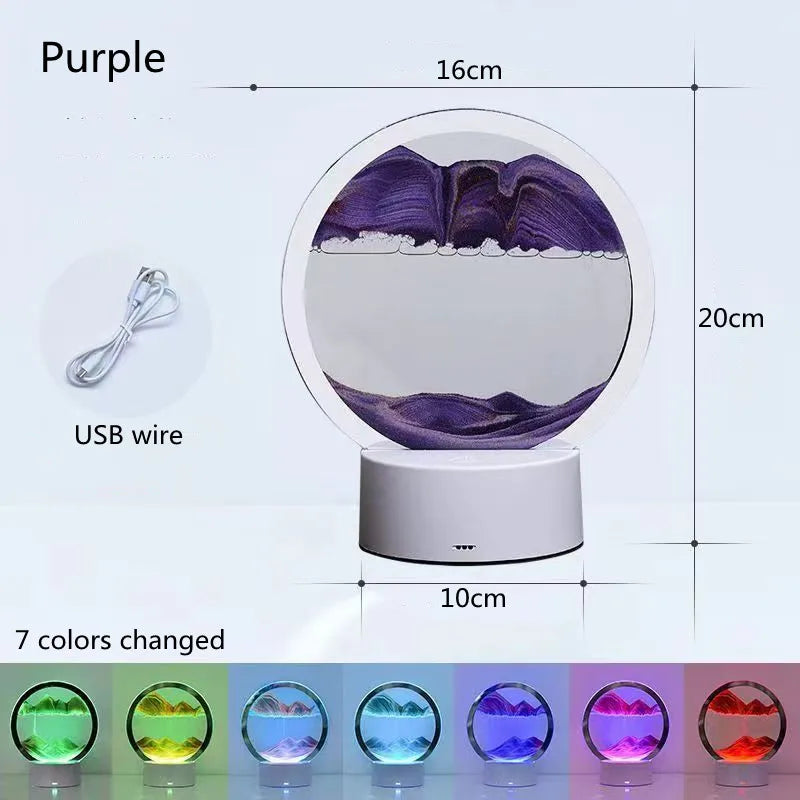 A purple 3D Quicksand LED table lamp with a color-changing light display and USB wire.