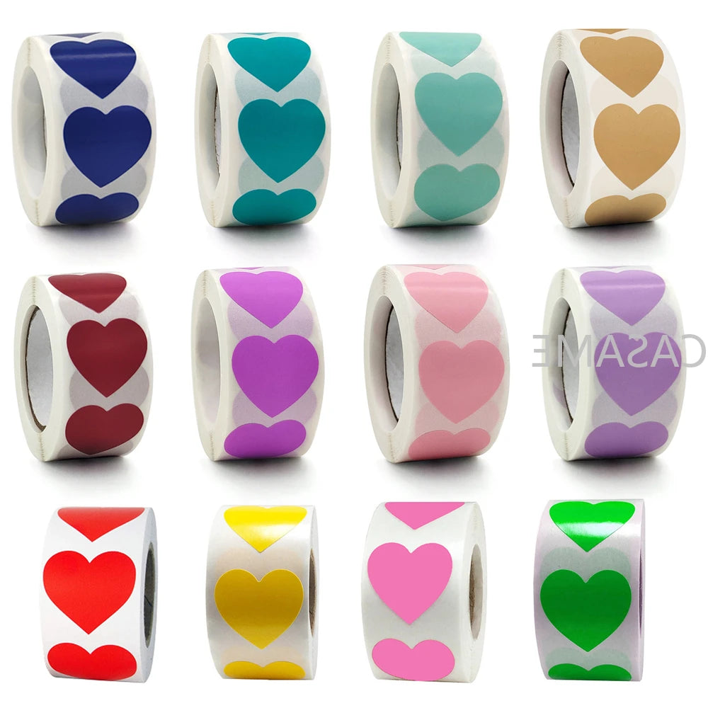 A collection of heart-shaped seal stickers in various pastel and vibrant colors for crafting and packaging.