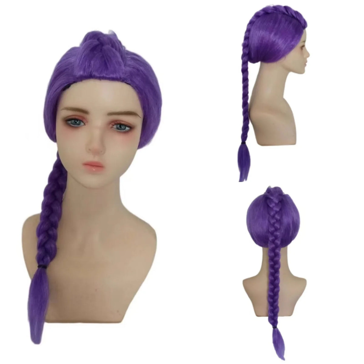 Purple long braid wig with side ponytail for cosplay and parties displayed on a mannequin head.