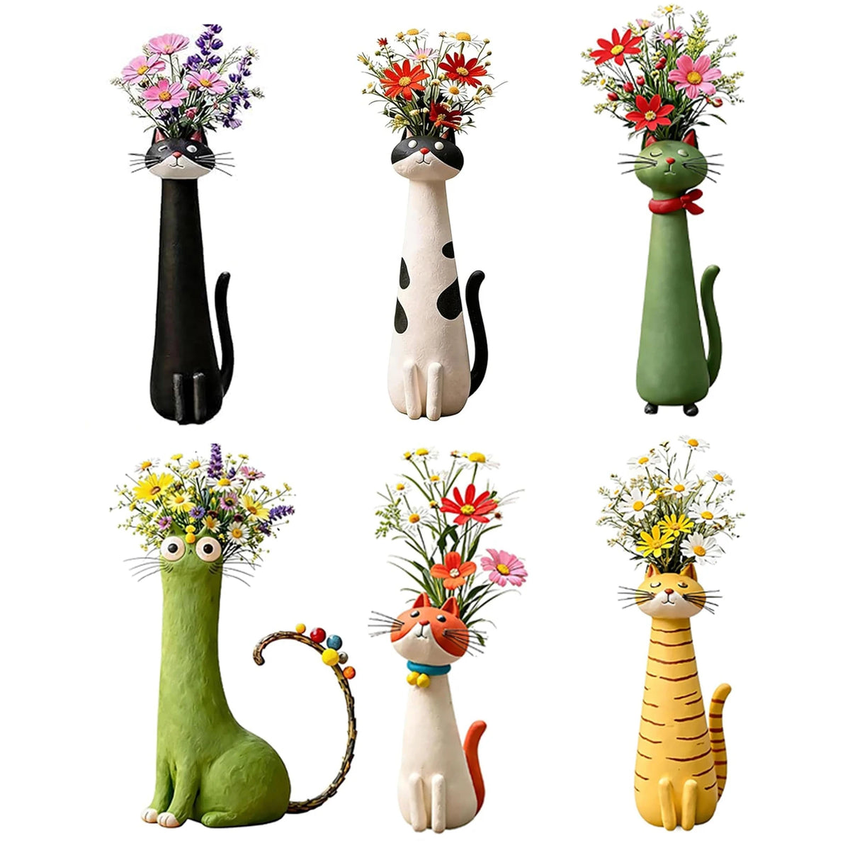 A collection of whimsical resin cat flower vases in various colors and styles.