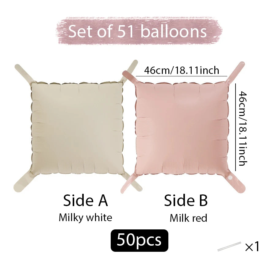 Set of 51 balloons, including a milky white and milk red square foil balloon wall panel.