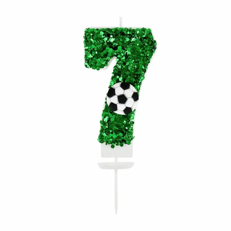 Green glitter number 7 decoration with a soccer ball accent for a birthday theme