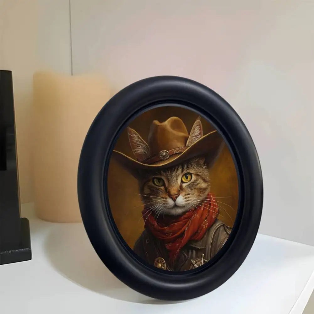 A round black photo frame featuring a Renaissance portrait of a tabby cat wearing a brown hat and red scarf.