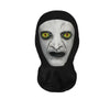 A realistic horror mesh balaclava mask depicting a pale face with glowing yellow eyes.
