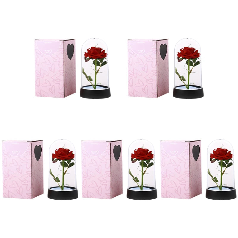 Set of six pink and black glass dome LED decorative flowers with red roses.